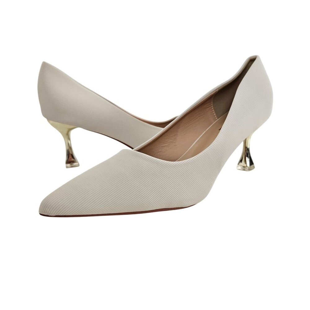 Women's Cream Pointed-Toe Kitten Heel Pumps with Gold Accent